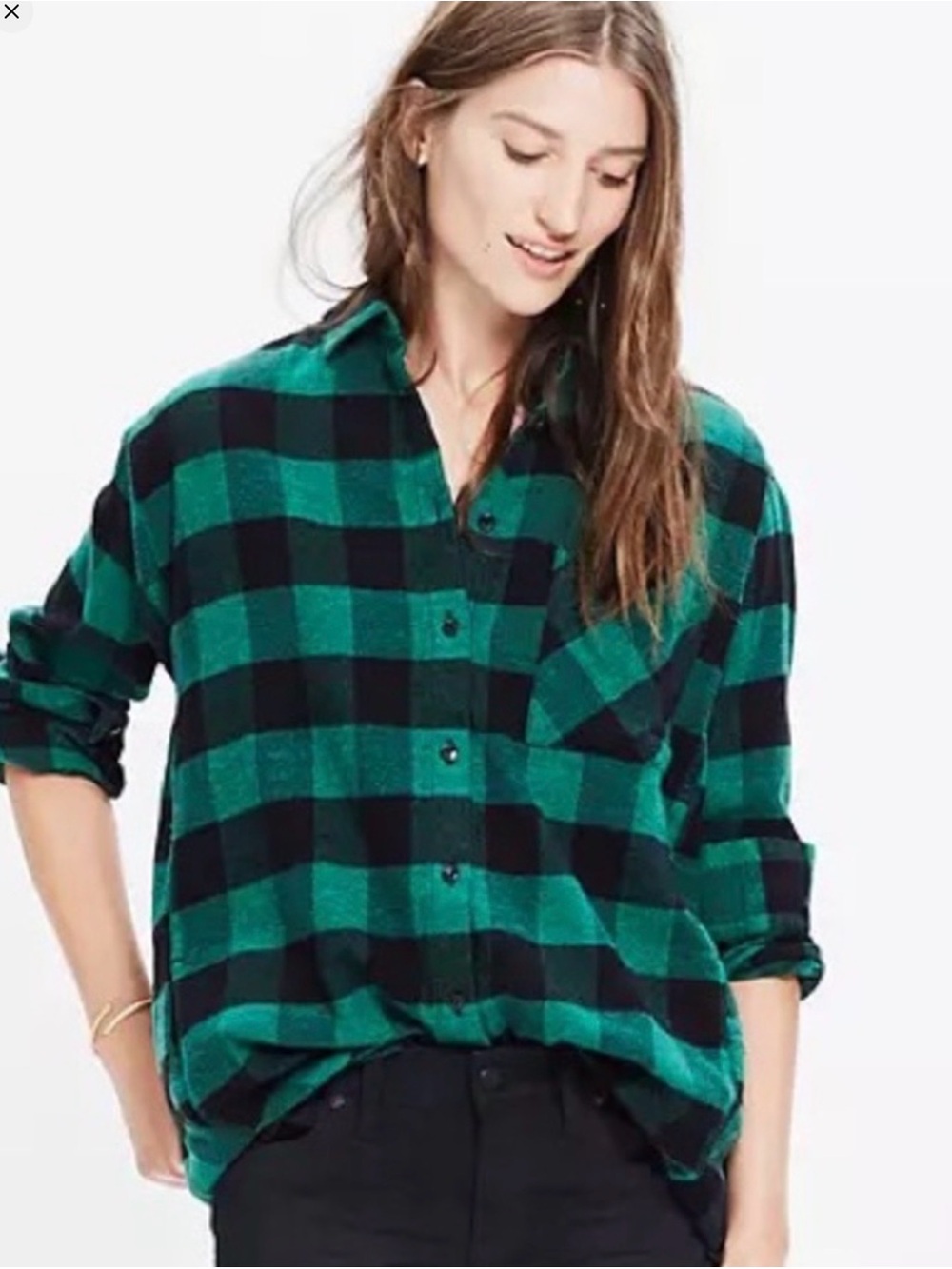 *Madewell * Green & Black Buffalo Plaid Button-Up Top.